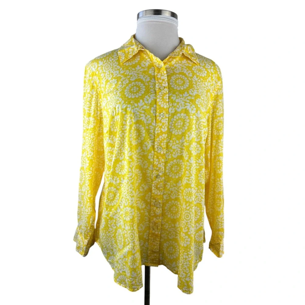 NWT Talbots Sheer Yellow White Print Button Blouse Plus Size 3Xp 3X Petite Top - Picture 3 of 14